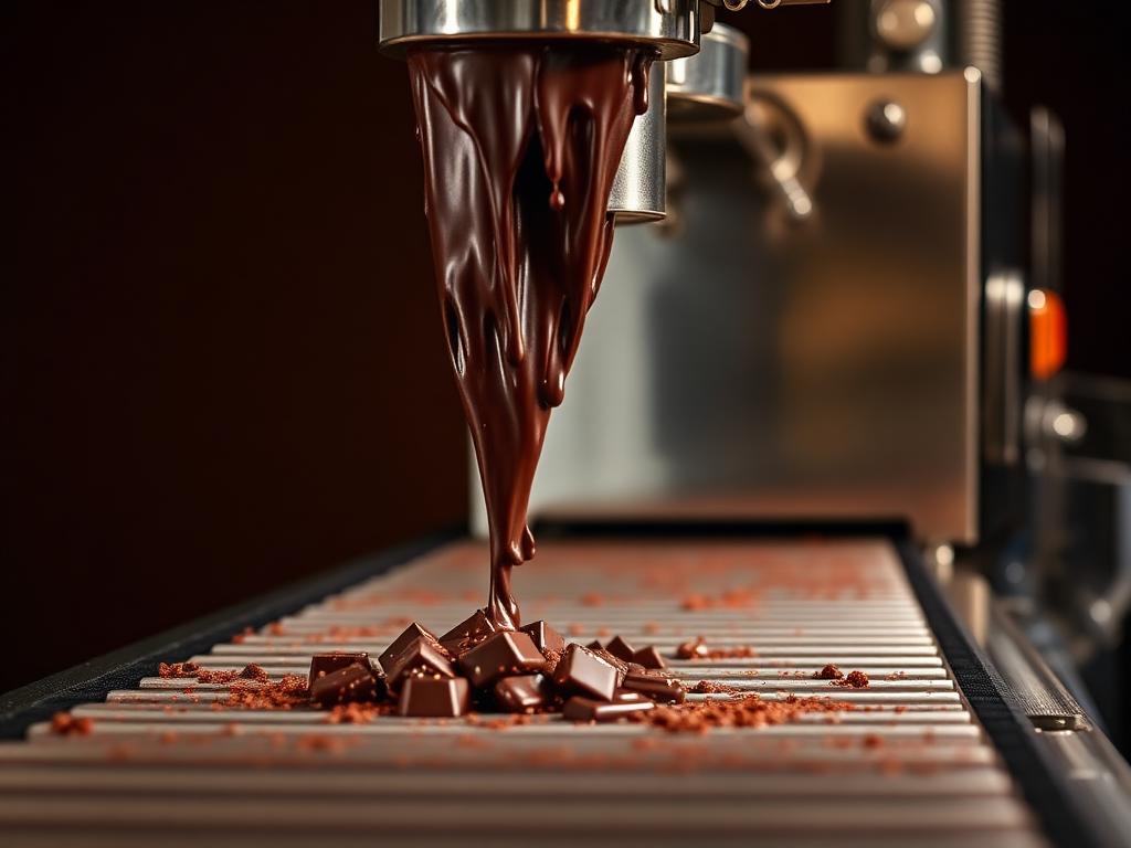Cobrideira de chocolate Cacautec formando cortina de chocolate sobre a esteira em aço inox