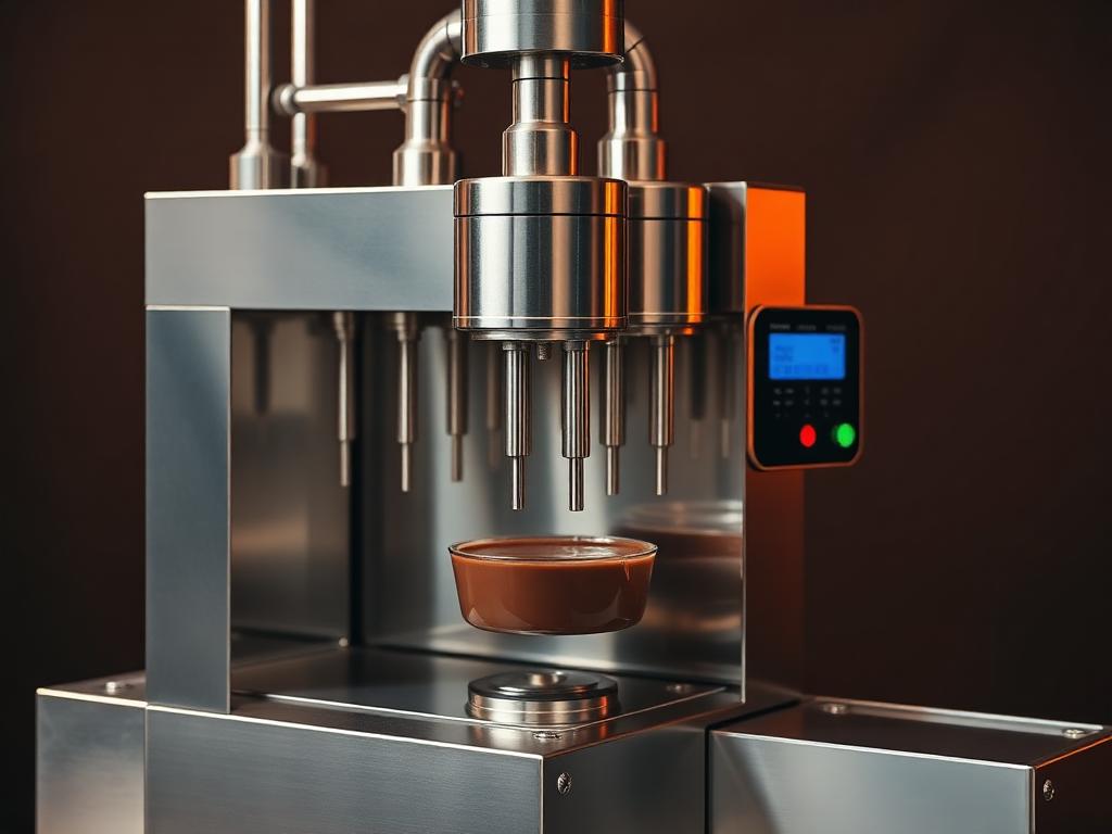 Dosador industrial de chocolate Cacautec com bicos dosadores e painel de controle digital