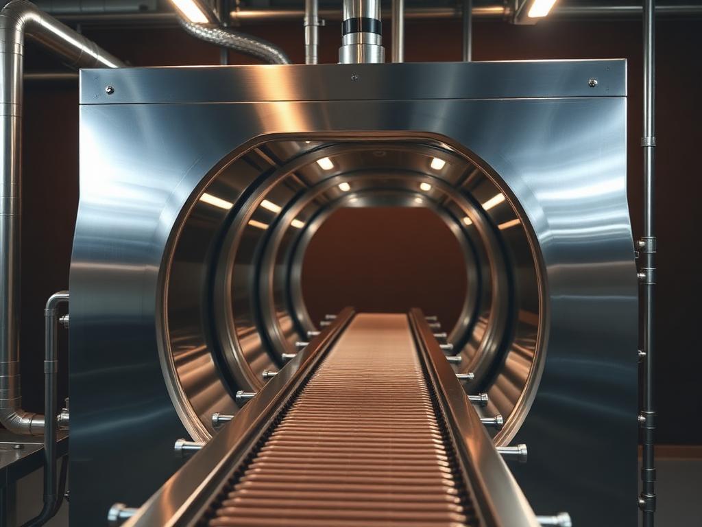 Túnel de resfriamento Cacautec em aço inox 304 com esteira transportadora para cristalização do chocolate
